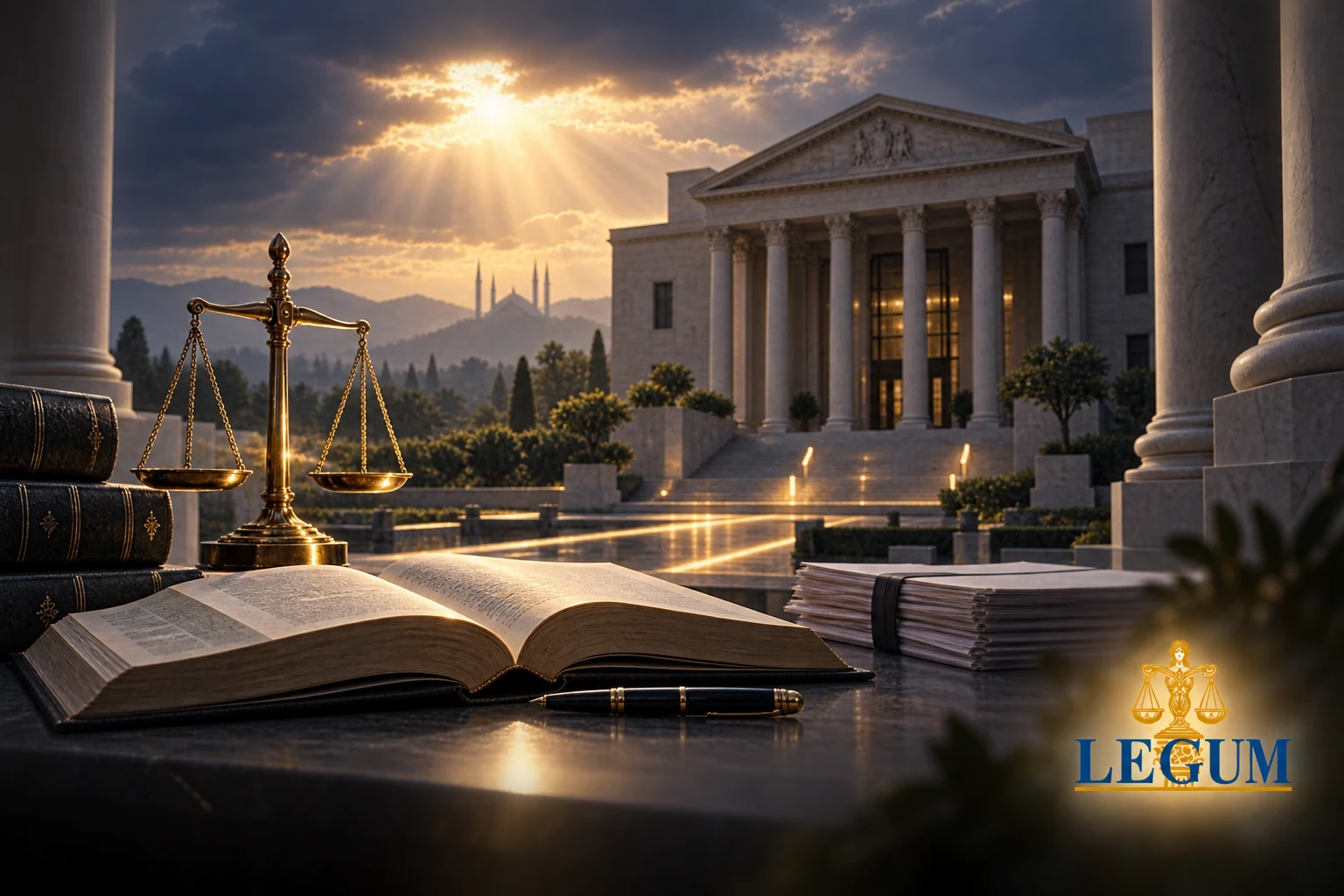 Livres de droit constitutionnel, balance de la justice et Haute Cour illustrant la compétence fondée sur l’article 199