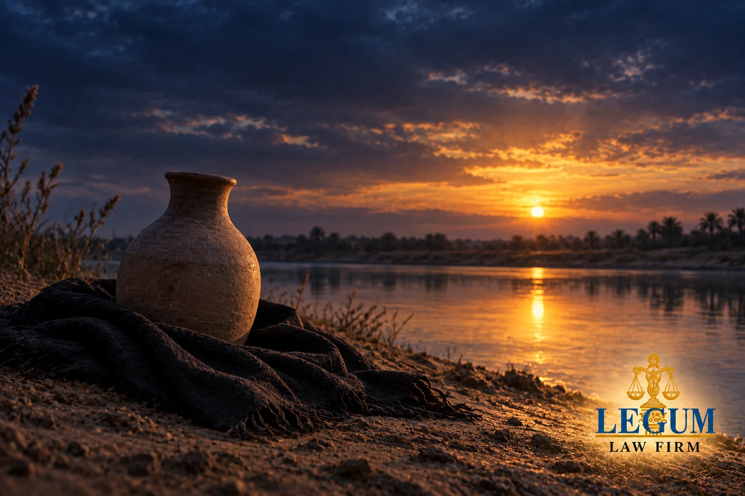 Une jarre à eau en terre cuite repose sur un tissu sombre près d’une rivière au coucher du soleil.