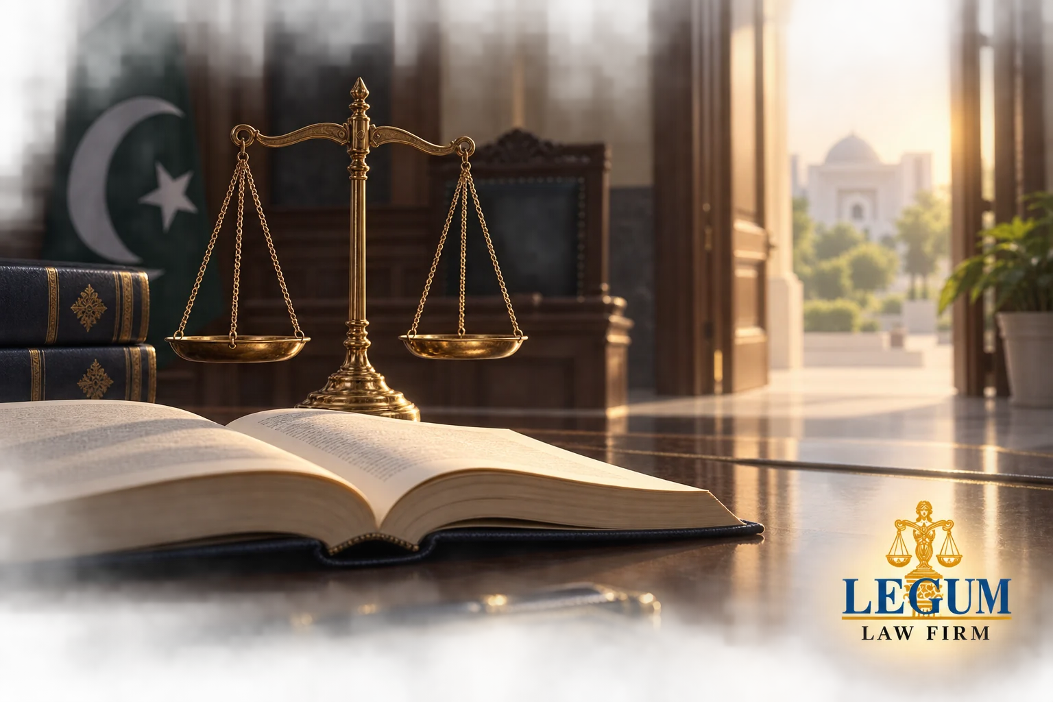 Balance de la justice près d’un livre de droit ouvert dans une salle d’audience pakistanaise.