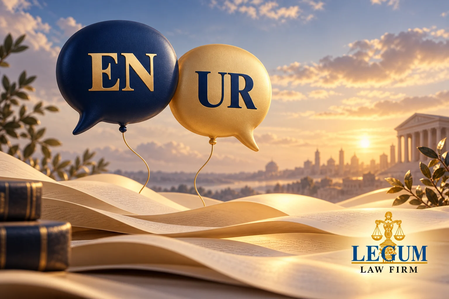 Des ballons bleus et dorés en forme de bulles, portant EN et UR, flottent au-dessus de livres ouverts.