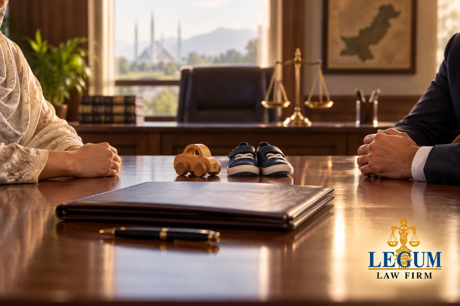 Chaussures et jouet d’un enfant entre deux parents lors d’une réunion de droit de la famille, avec une balance et le logo de Legum Law Firm