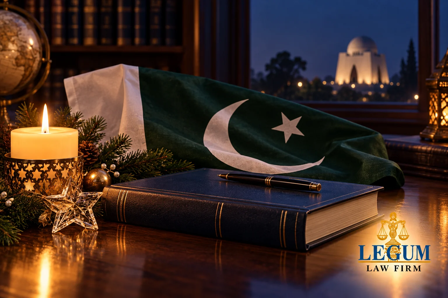 Une bougie et une étoile de Noël, le drapeau pakistanais et un livre de droit, avec Mazar-e-Quaid au-delà de la fenêtre.