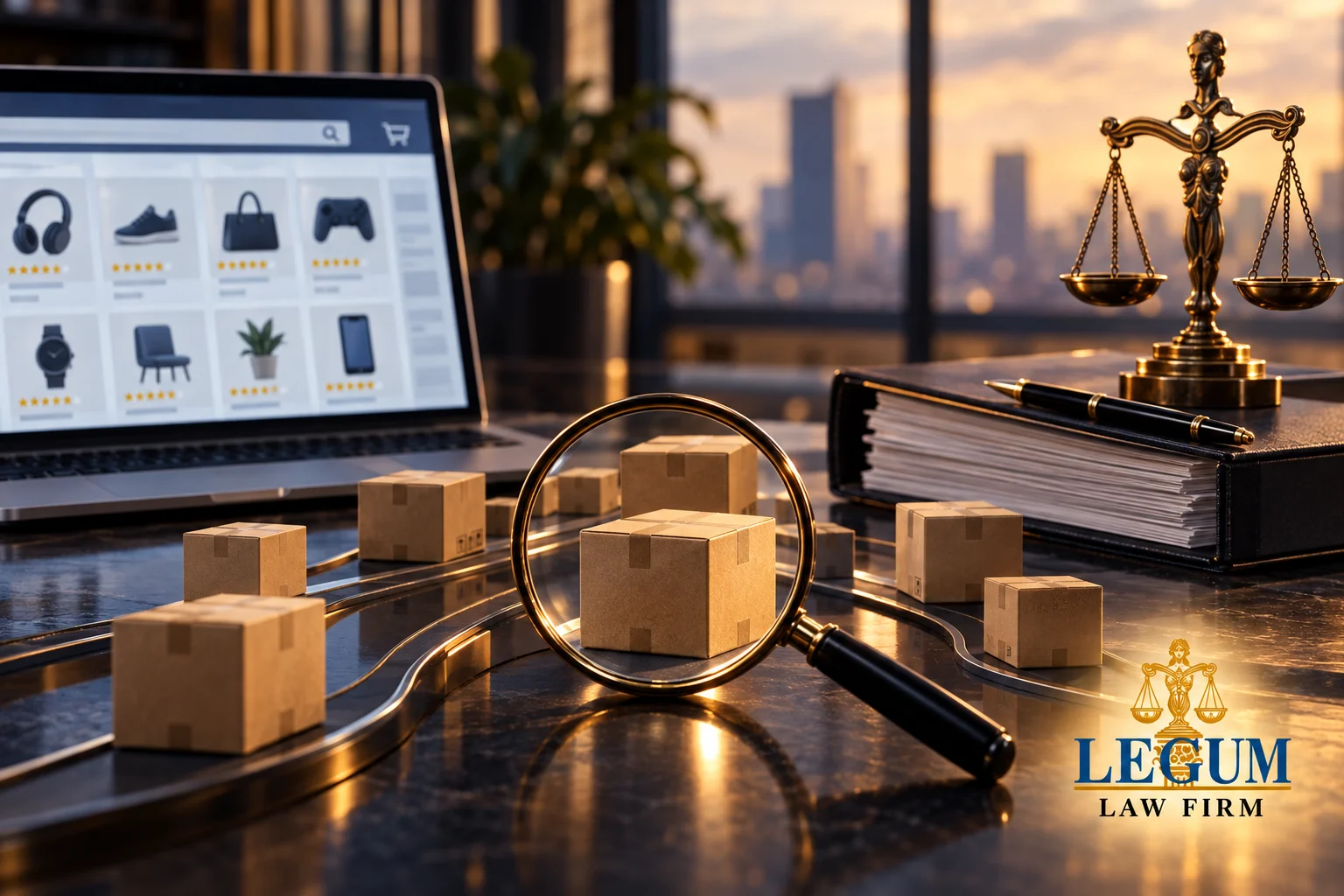 Colis de commerce électronique, loupe, ordinateur portable et balance avec le logo de Legum Law Firm