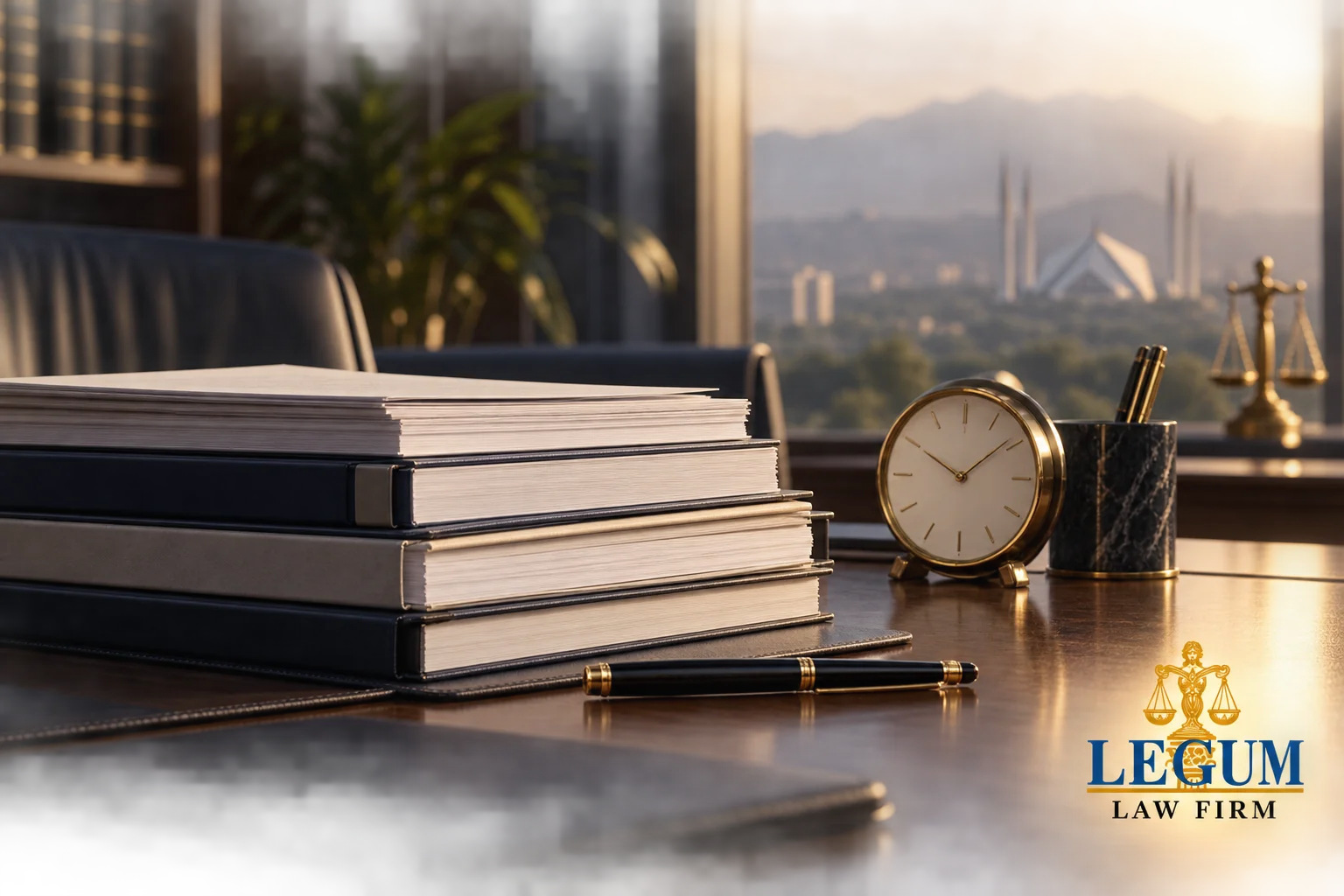 Dossiers de conformité annuelle et horloge sur un bureau juridique.