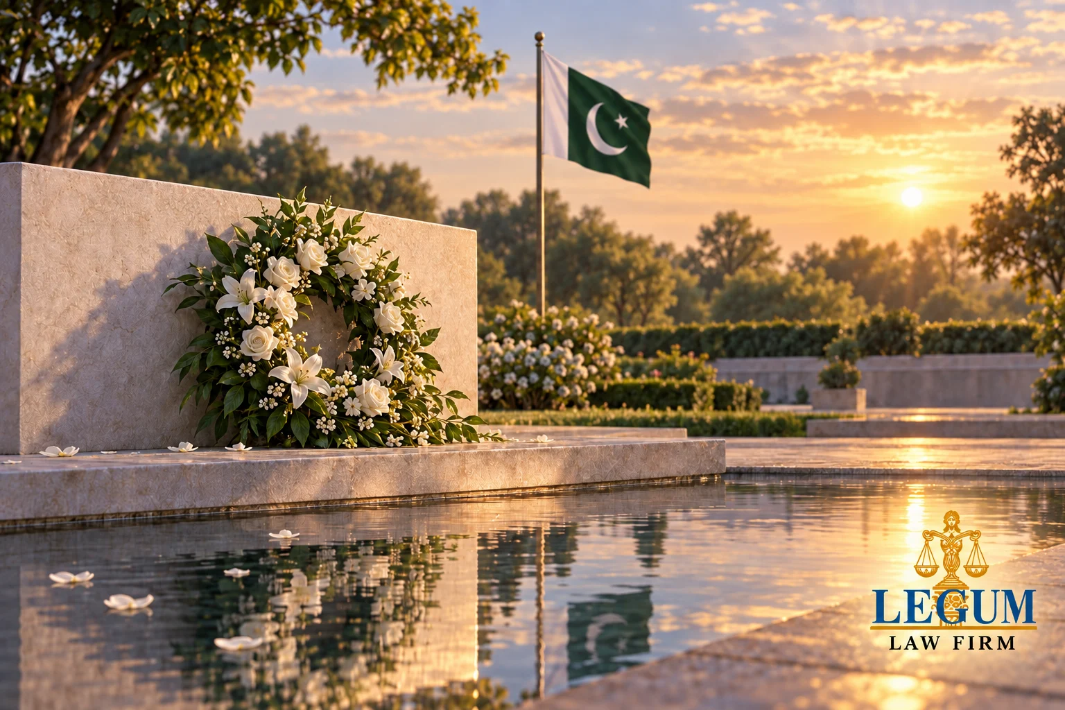 Une couronne de fleurs blanches près d’un bassin et d’un drapeau pakistanais dans un jardin paisible.