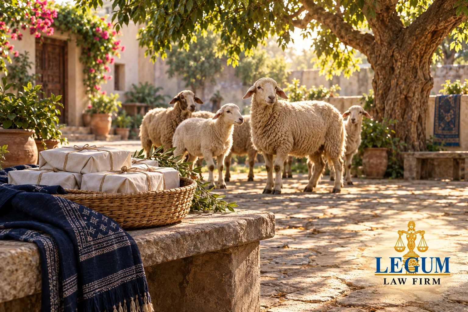 Des moutons dans une cour ensoleillée, avec des paquets emballés dans un panier en osier.