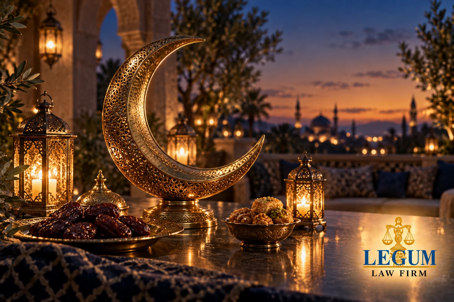 Croissant en laiton, lanternes, dattes et douceurs de l’Eid au crépuscule avec le logo de Legum Law Firm