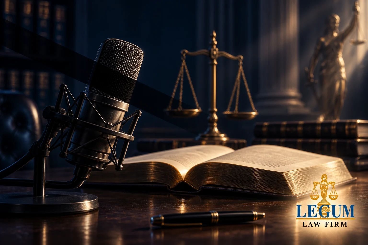 Microphone de diffusion, ouvrage juridique ouvert et balance avec le logo de Legum Law Firm