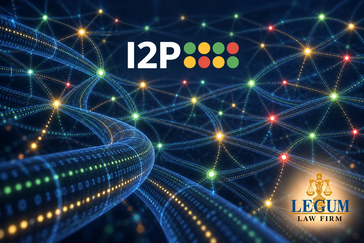 Logos officiels d’I2P et de Legum Law Firm au-dessus d’un réseau distribué de tunnels chiffrés.