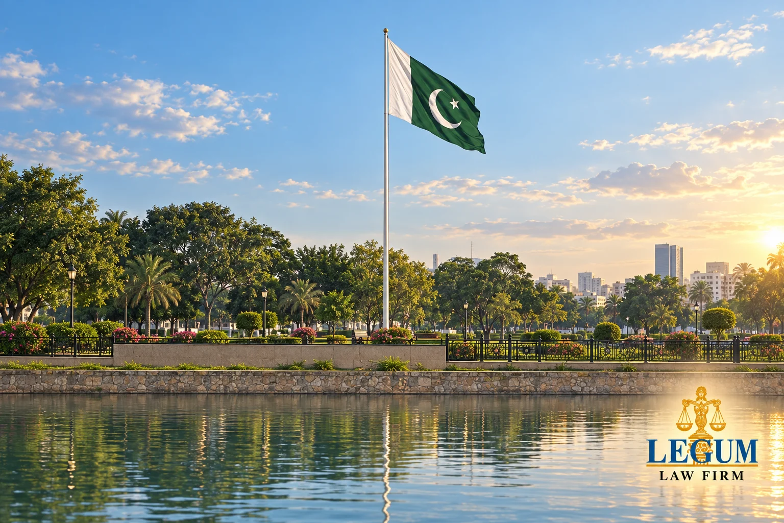 Drapeau national du Pakistan au-dessus d’un jardin et d’une eau réfléchissante avec le logo de Legum Law Firm