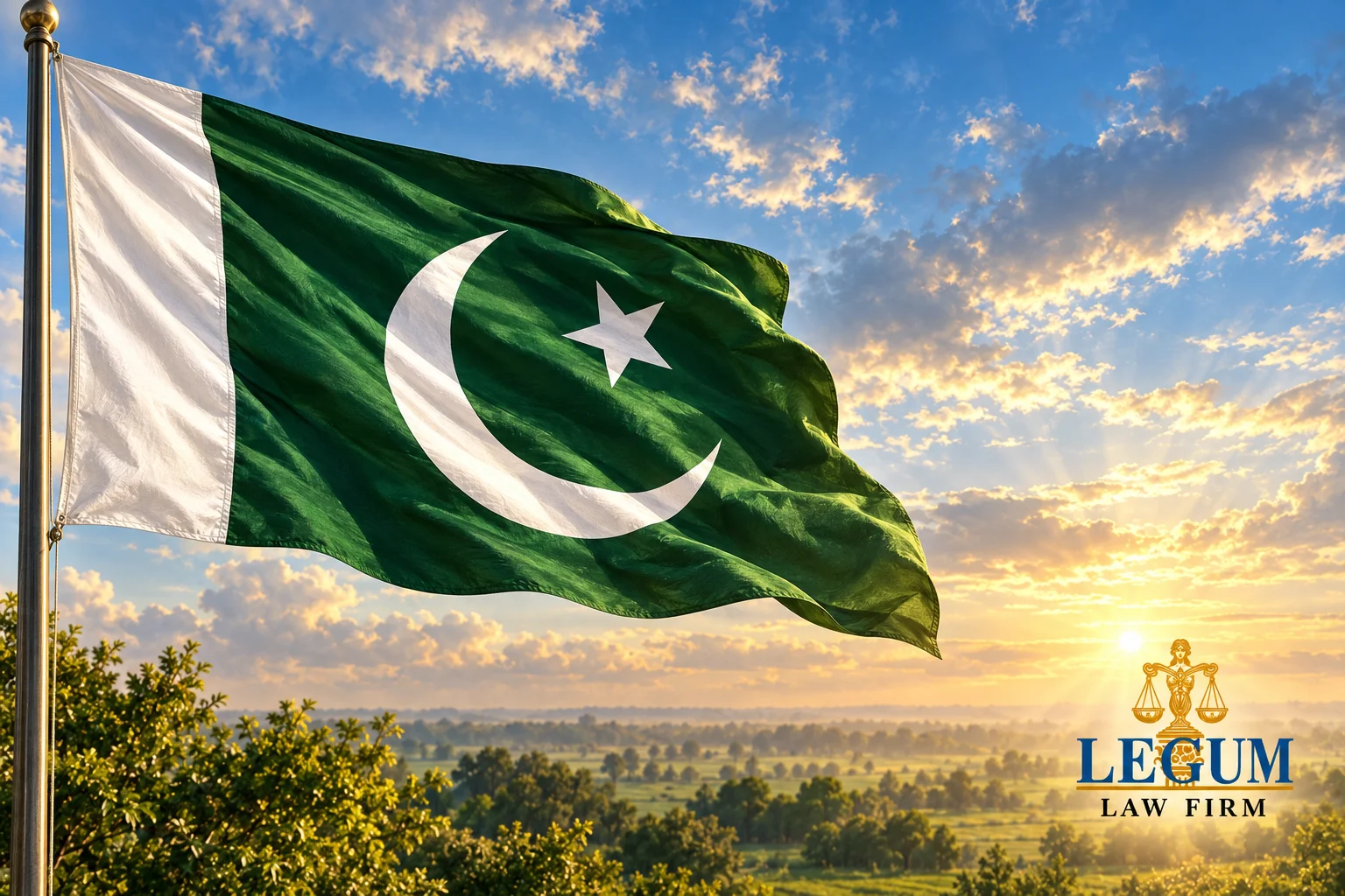 Le drapeau vert et blanc du Pakistan flotte au-dessus des champs sous un ciel ensoleillé.