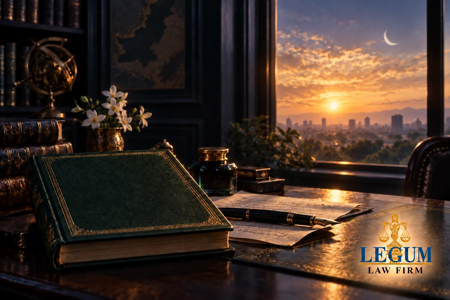 Une étude juridique contemplative à l’occasion de la Journée d’Iqbal, avec un livre, un manuscrit et l’aube sur Lahore.