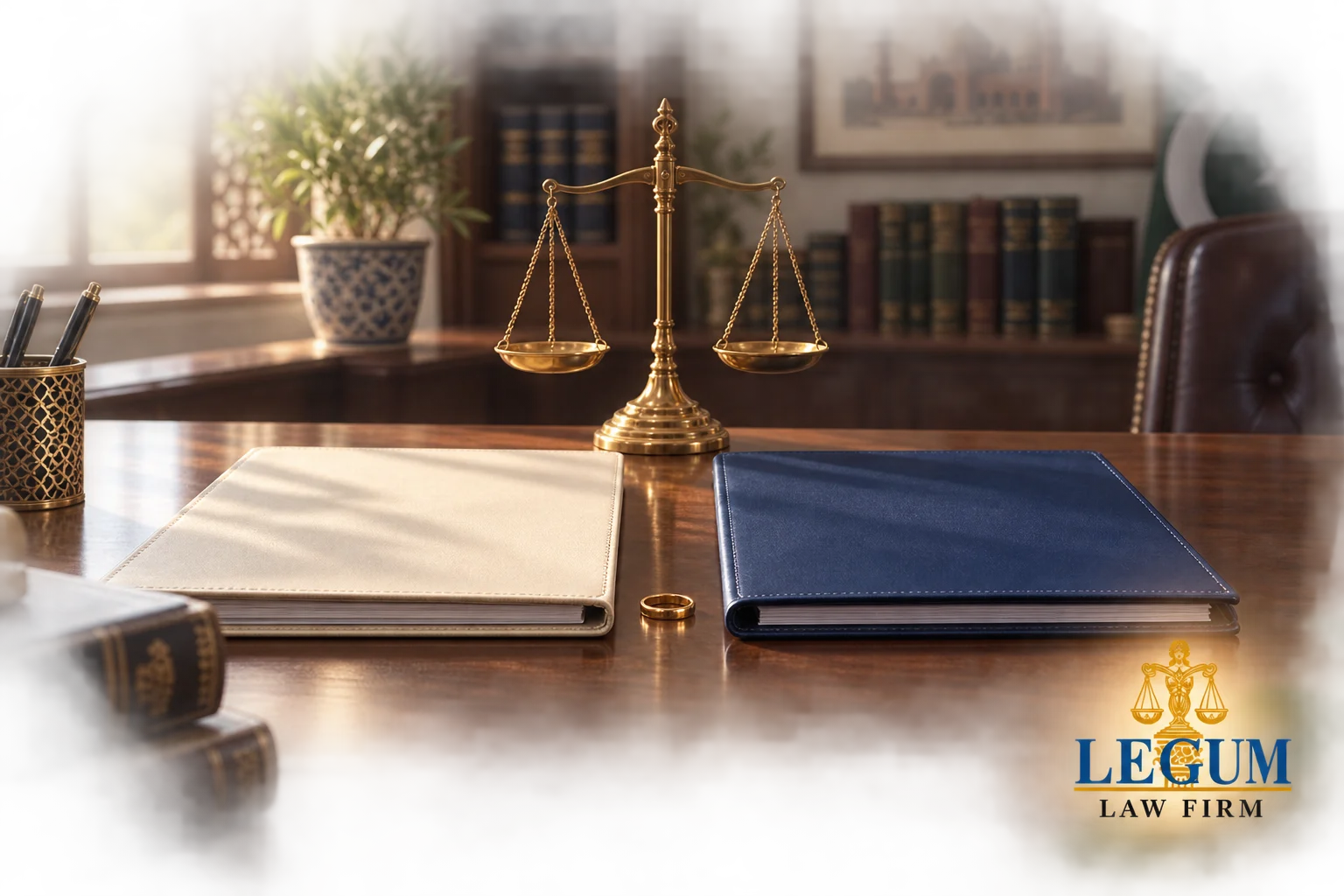 Deux dossiers juridiques et une alliance près d’une balance de justice dans un cabinet de droit de la famille.