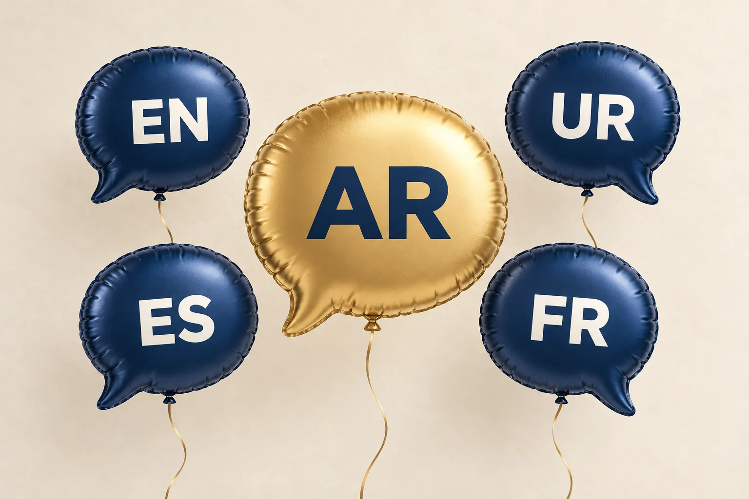 Ballon doré AR entouré des ballons bleus EN, UR, ES et FR, annonçant l’ajout de l’arabe aux langues du site.