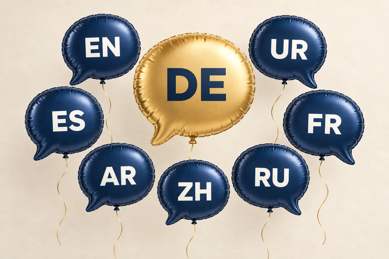 Ballon doré DE entouré de sept ballons bleus représentant les autres langues, pour l’ajout de l’allemand comme huitième langue du site.