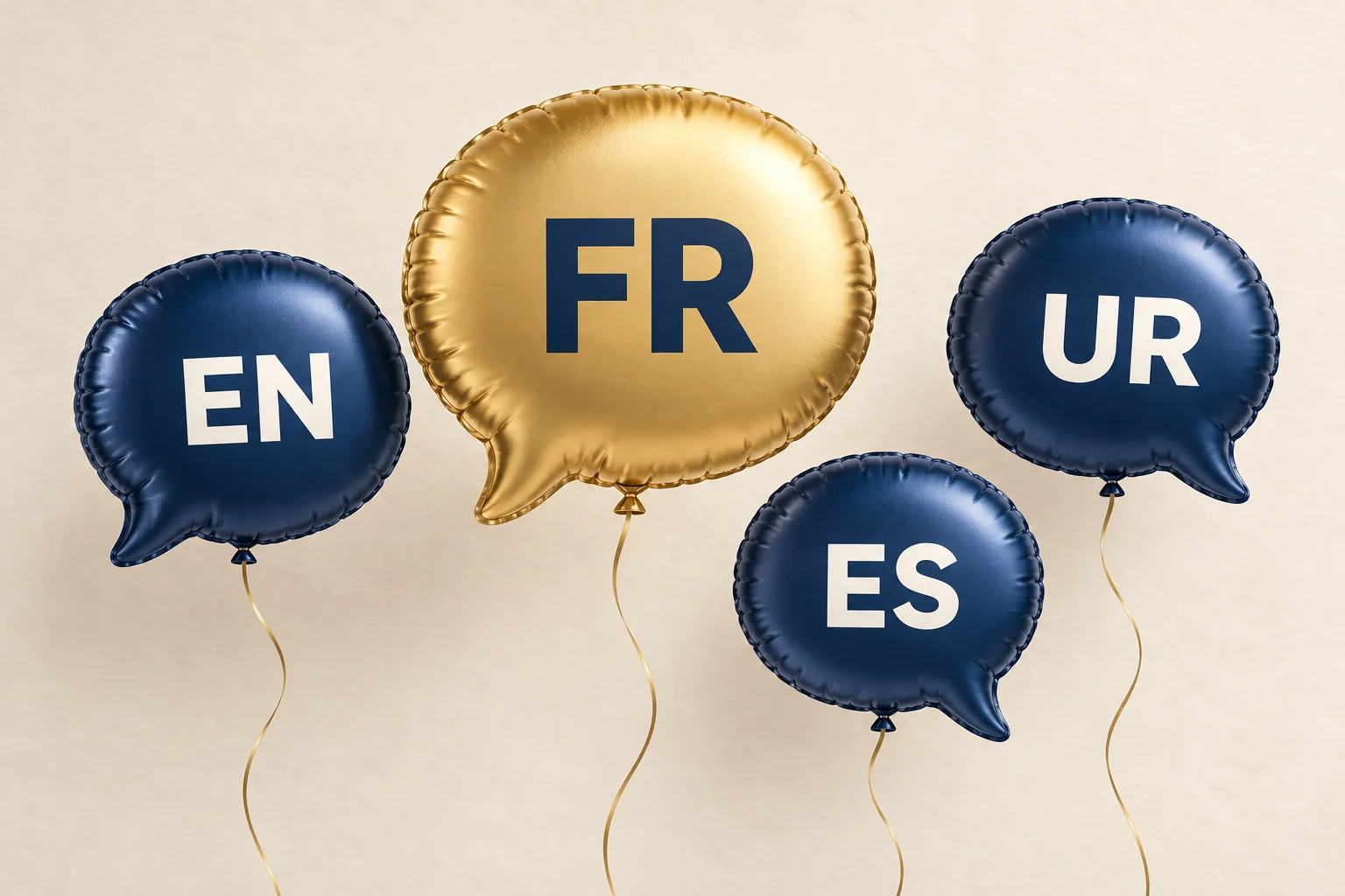 Ballon doré FR aux côtés des ballons bleus EN, UR et ES, représentant l’ajout du français aux langues du site.