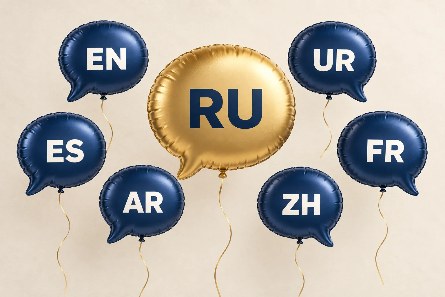 Ballon doré RU entouré de six ballons bleus représentant les autres langues, annonçant l’ajout du russe au site.