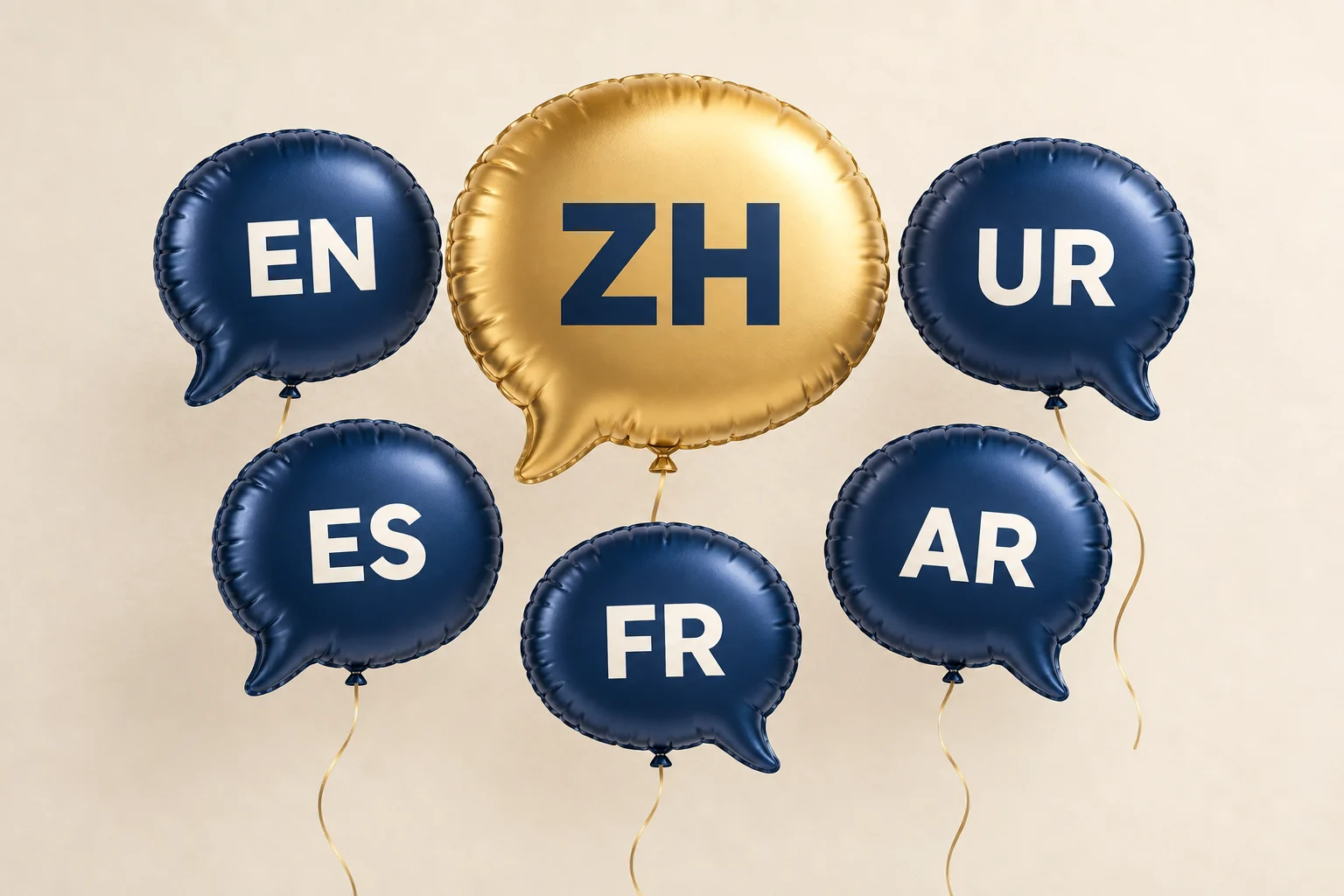 Ballon doré ZH aux côtés de cinq ballons bleus représentant les autres langues, pour l’arrivée du chinois simplifié sur le site.