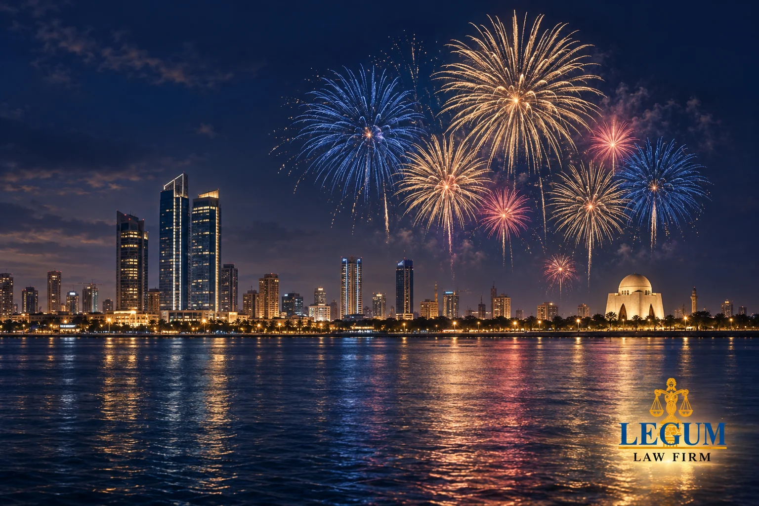 Feux d’artifice au-dessus du front de mer de Karachi la nuit avec le logo de Legum Law Firm