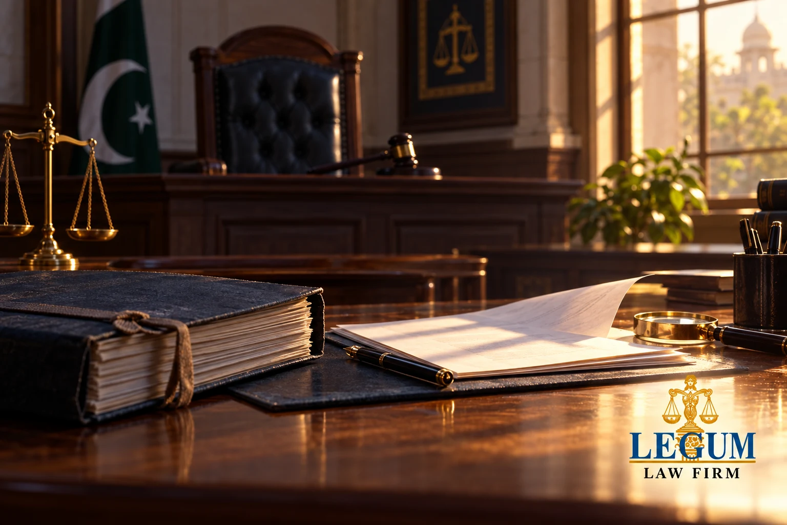 Un dossier et des documents examinés dans une salle d’audience pakistanaise ; logo de Legum Law Firm en bas à droite.