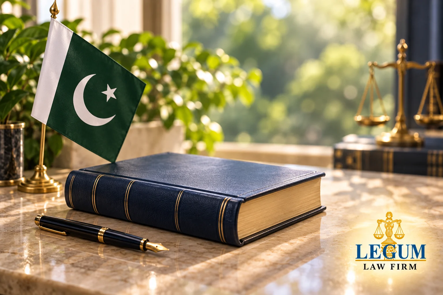 Un drapeau pakistanais, un livre de droit fermé et un stylo-plume, avec une balance de la justice à l’arrière-plan.