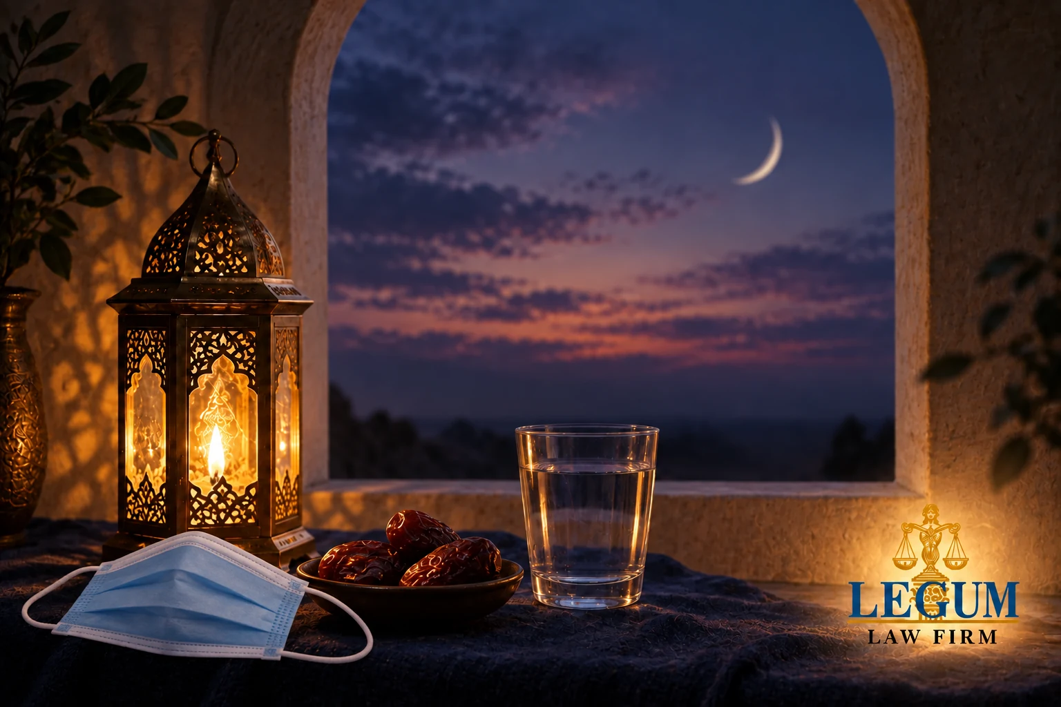 Nature morte du Ramadan avec un masque médical évoquant les précautions sanitaires de 2020 et l’identité de Legum Law Firm.