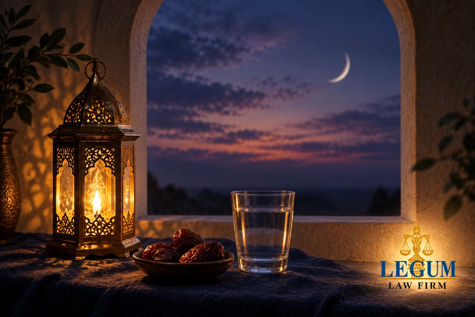 Une lanterne allumée, des dattes et un verre d’eau devant une fenêtre cintrée et un croissant de lune.