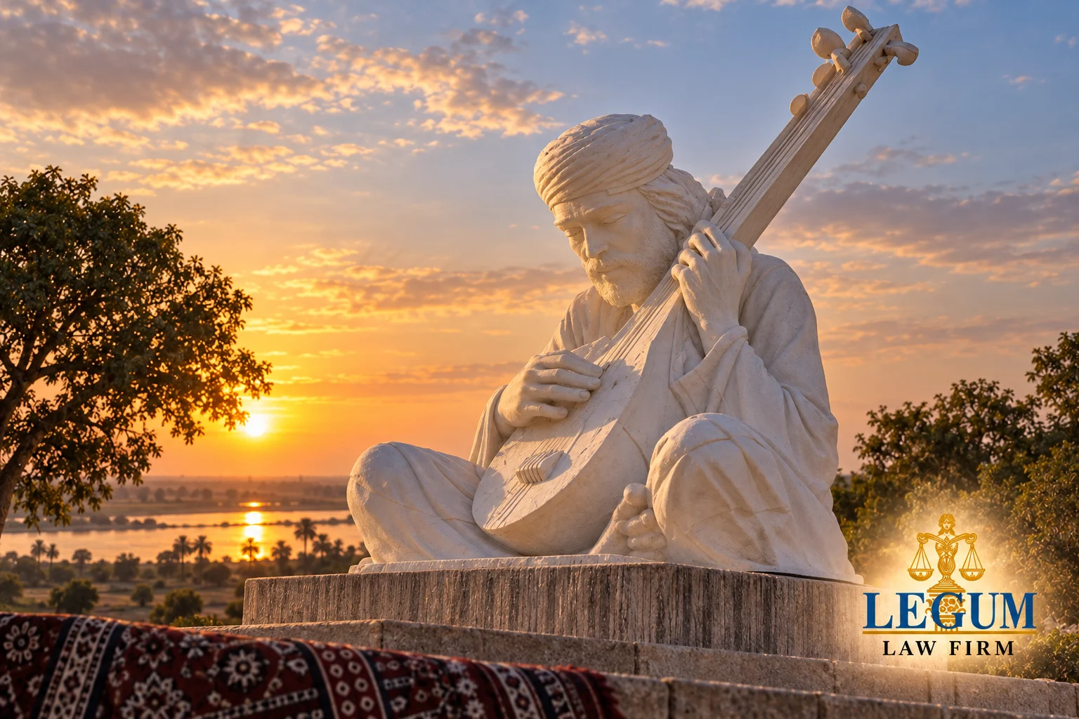 Monument de Shah Abdul Latif Bhittai avec un instrument traditionnel au coucher du soleil et le logo de Legum Law Firm