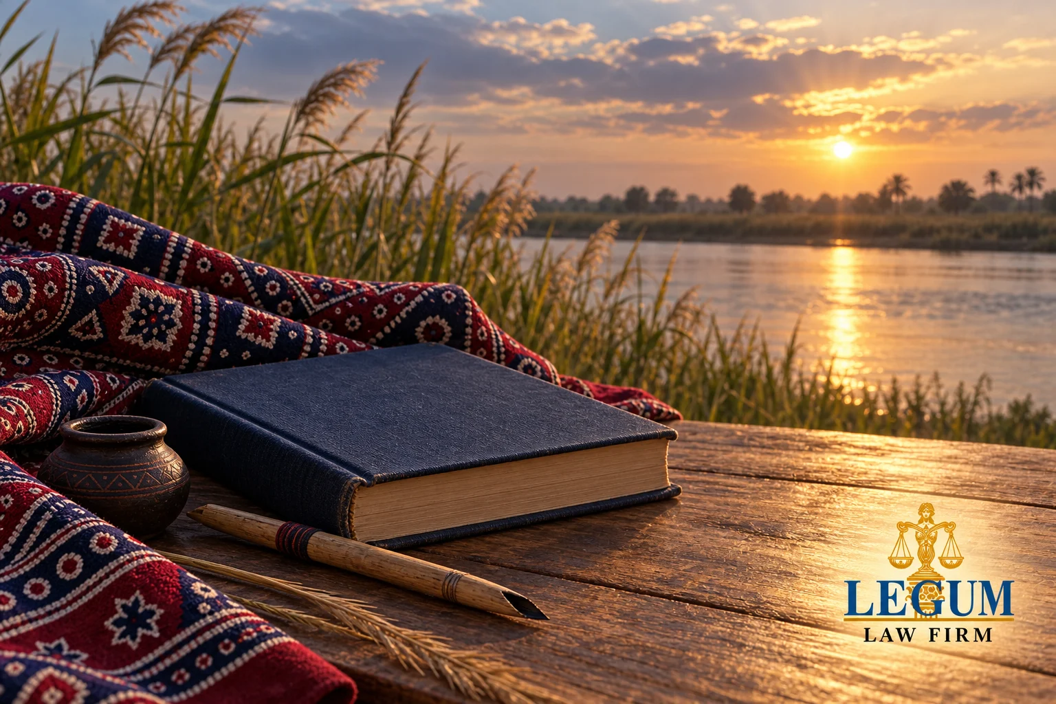 Un livre fermé, un calame et un tissu ajrak près d’une rivière dans une lumière dorée.
