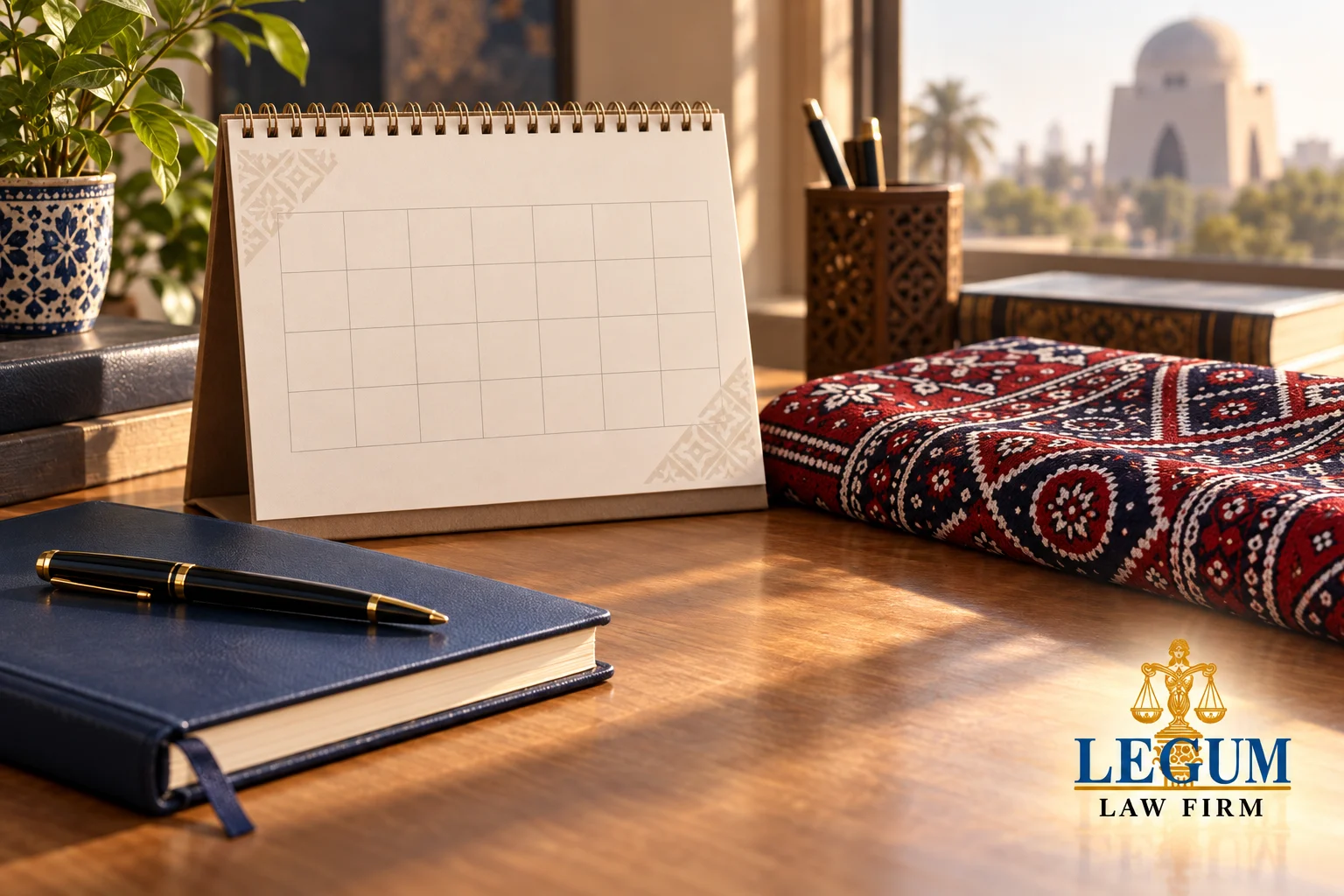 Un calendrier de bureau vierge, un carnet et un tissu ajrak dans un bureau ensoleillé.