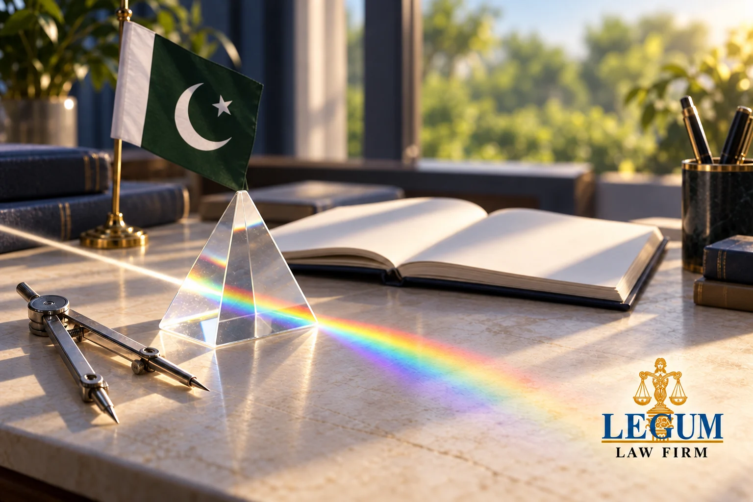 Un prisme projette un spectre coloré près d’un compas de dessin, d’un carnet vierge et d’un drapeau pakistanais.