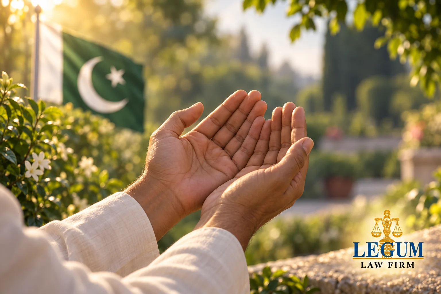 Des mains levées pour la prière, avec un drapeau pakistanais dans un jardin ensoleillé.