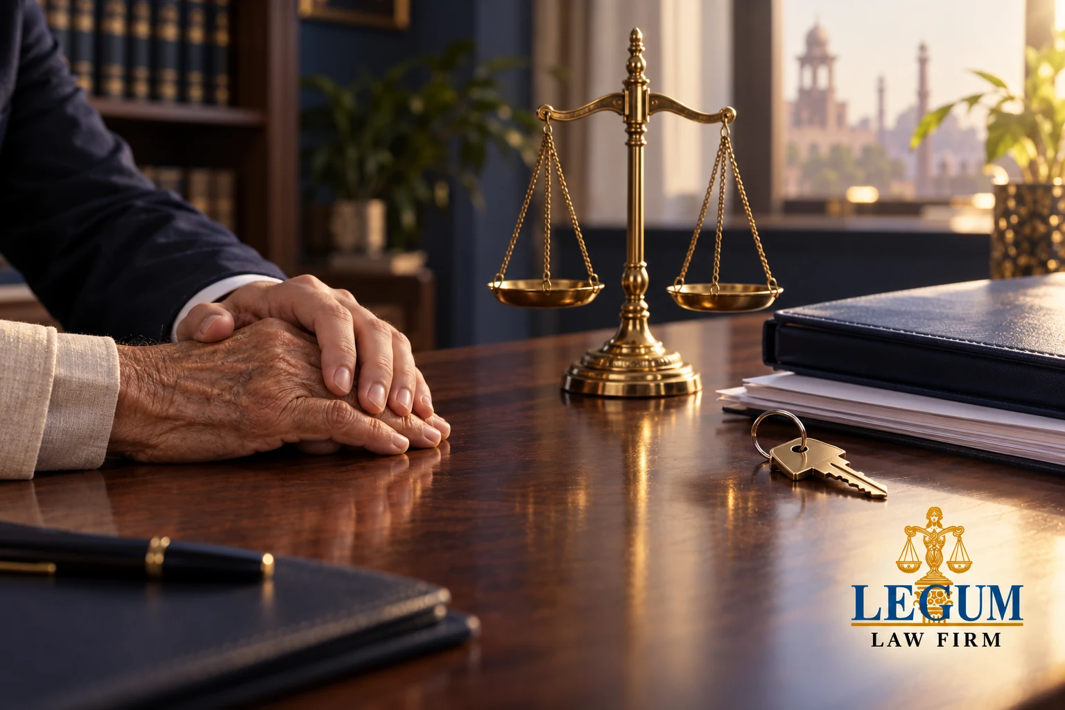 Mains d’adultes dans un geste de soutien, à côté d’une balance de la justice, de documents de propriété et d’une clé de maison, avec le logo de Legum Law Firm.