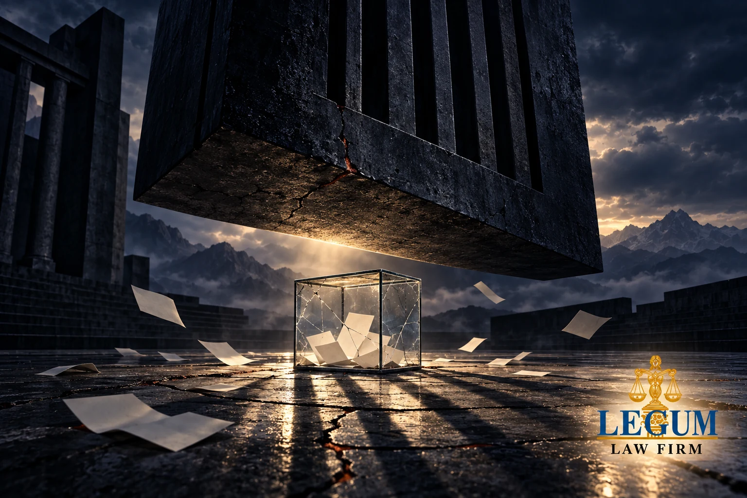 Urne en verre fissurée sous une imposante structure sombre, dans une illustration conceptuelle portant le logo de Legum Law Firm.